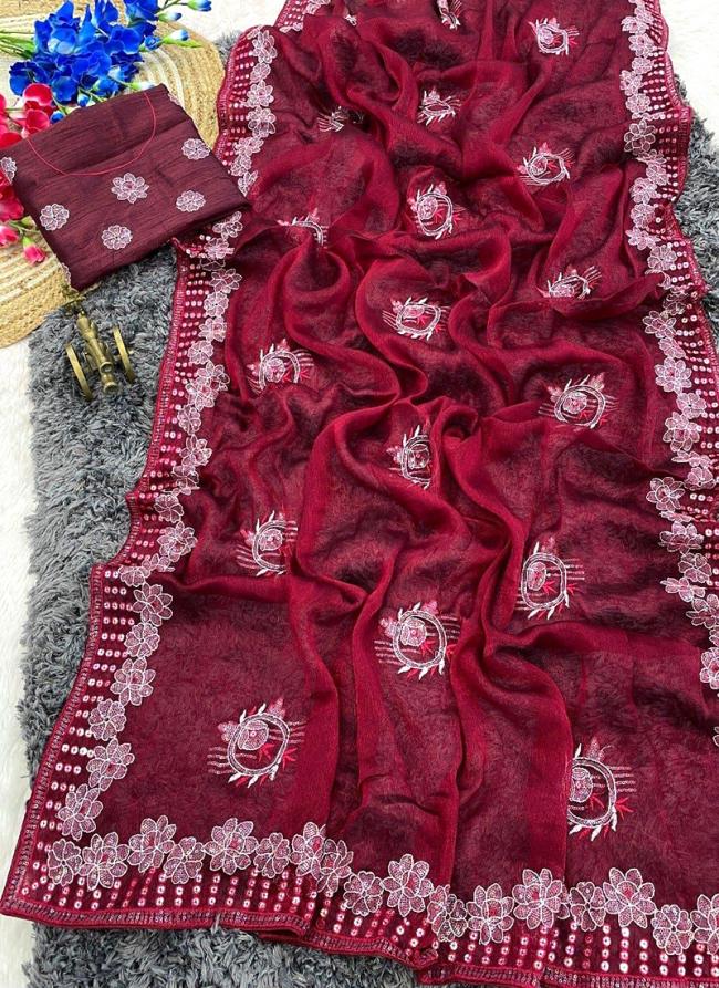 Shimmer Chiffon Maroon Festival Wear Embroidery Work Saree